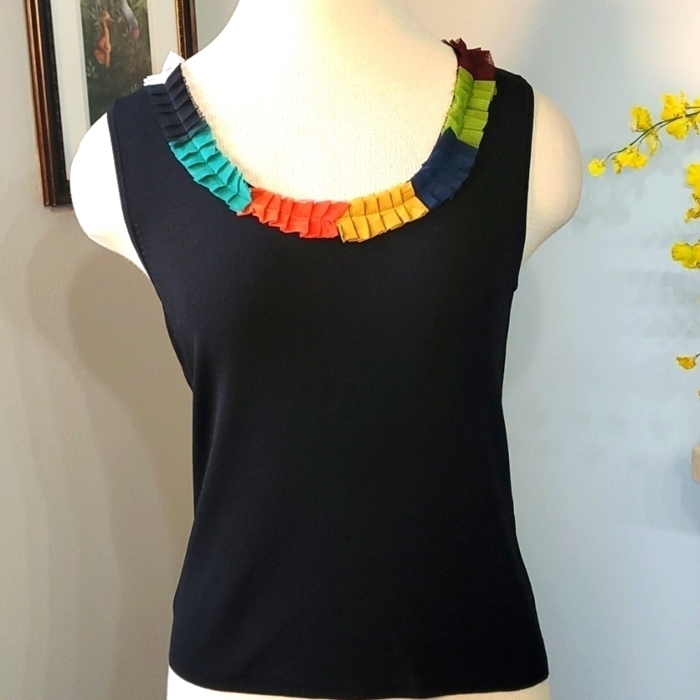 Joseph A Ruffle Neck Knit Tank Top Womens Size M Black  Sleeveless Y2K